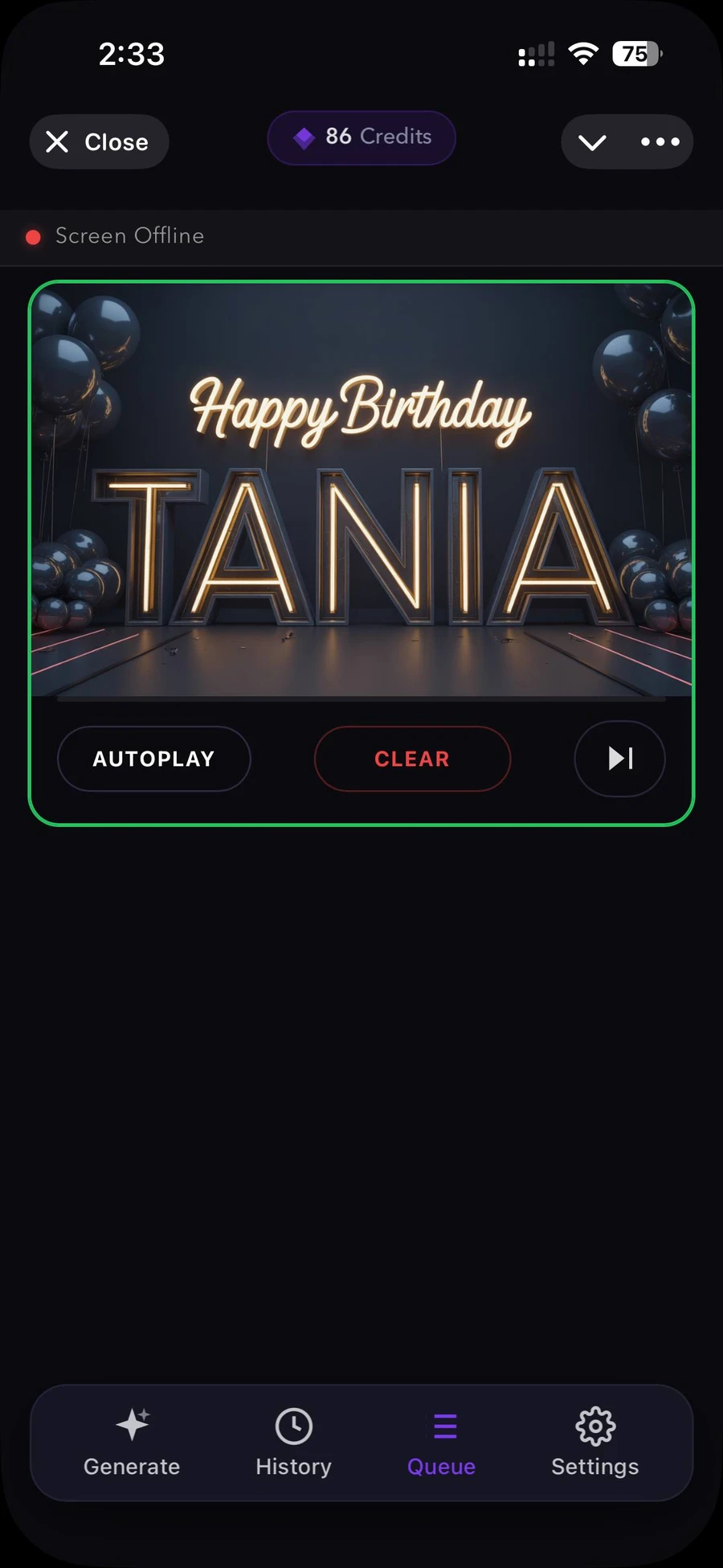 Greetly queue with poster playback controls; captured while screen was offline