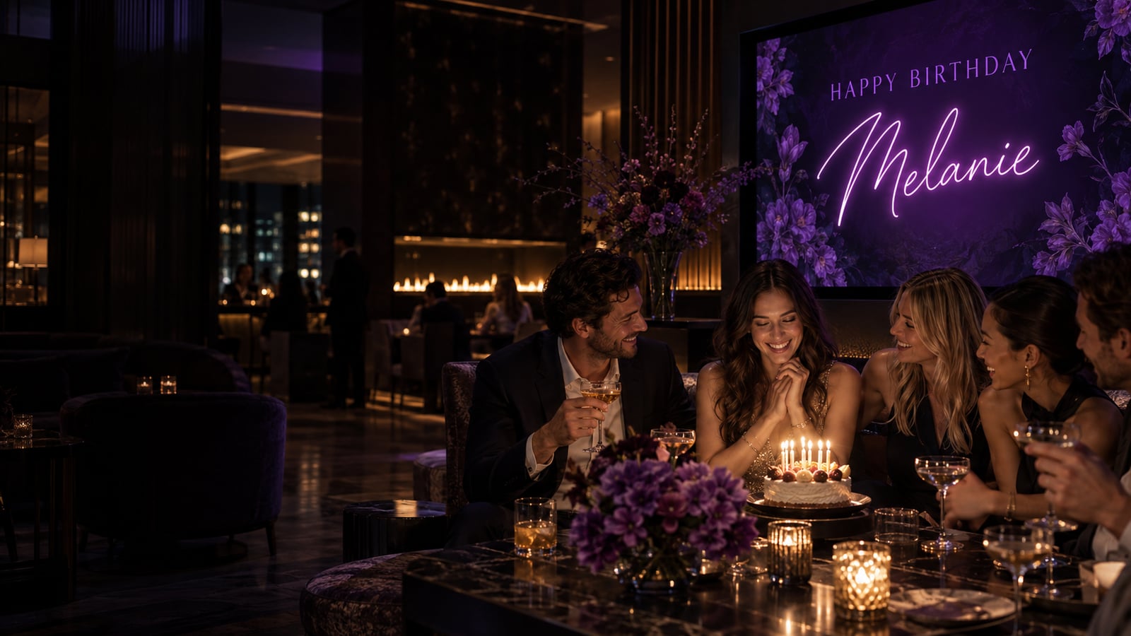 Illustrative venue scene: Venue photo — birthday celebration at VIP table with screen in background (16:9)