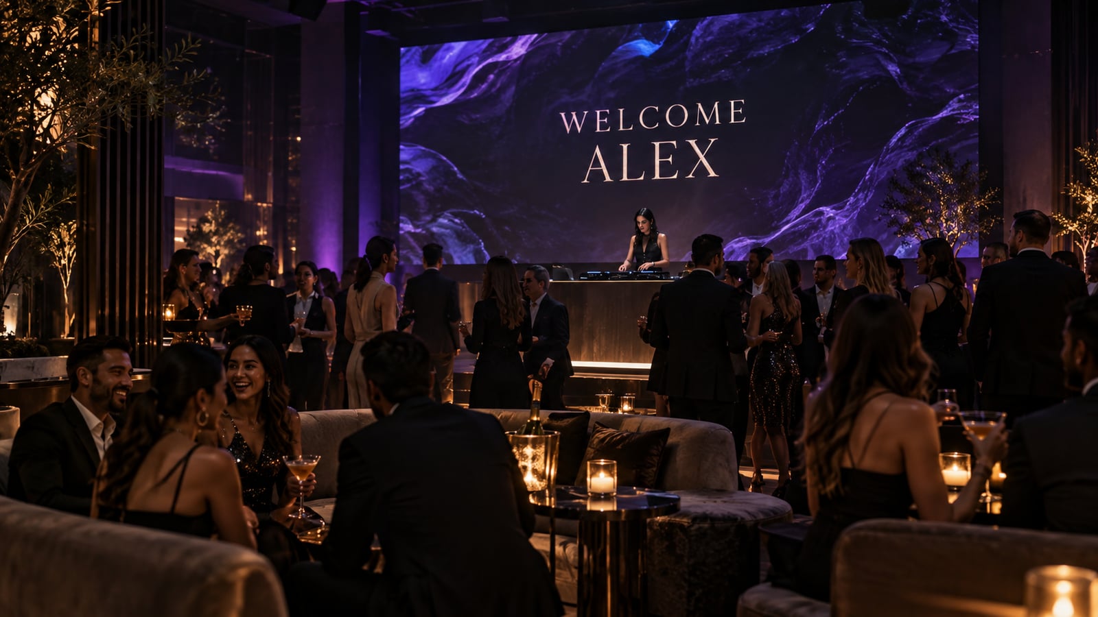 Illustrative venue scene: Venue photo — DJ booth with shoutout name graphic on LED screen (16:9)